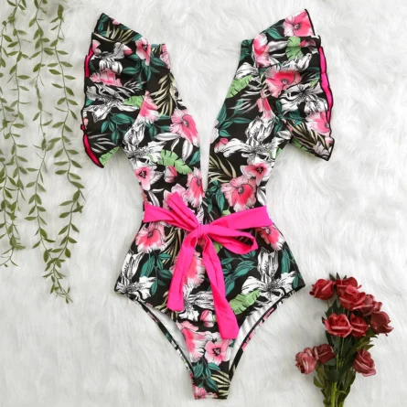 Veronica Deep V-neck Ruffle Shoulders Swimsuit - Image 26