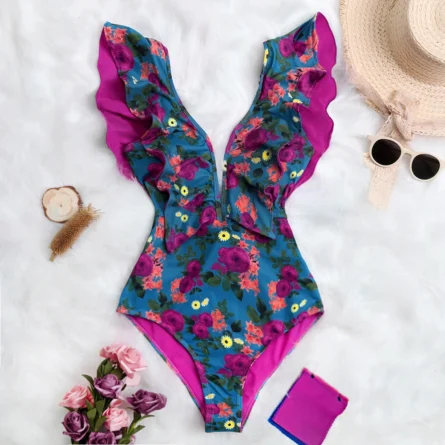Veronica Deep V-neck Ruffle Shoulders Swimsuit - Image 22