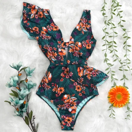 Veronica Deep V-neck Ruffle Shoulders Swimsuit - Image 30