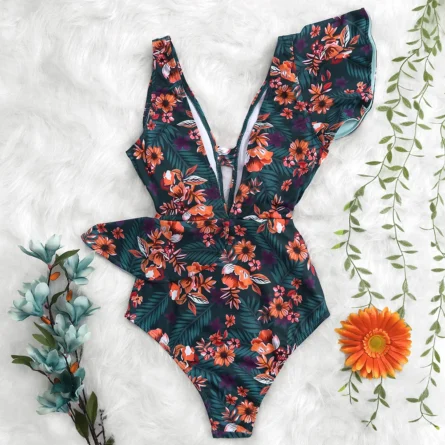 Veronica Deep V-neck Ruffle Shoulders Swimsuit - Image 33
