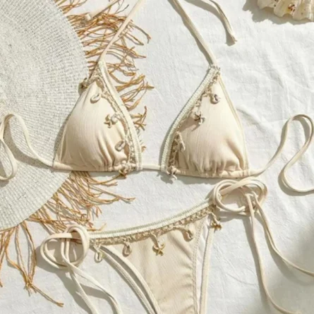 Island Whispers Shell Embellished Bikini Set with Crochet Trim