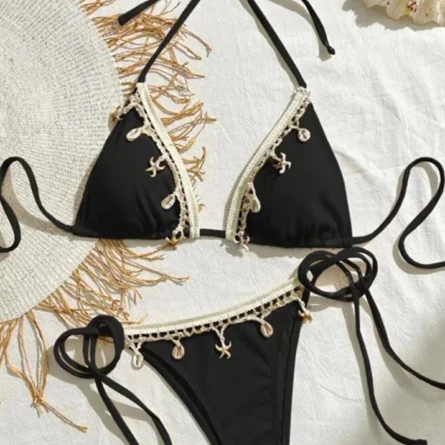 Island Whispers Shell Embellished Bikini Set with Crochet Trim