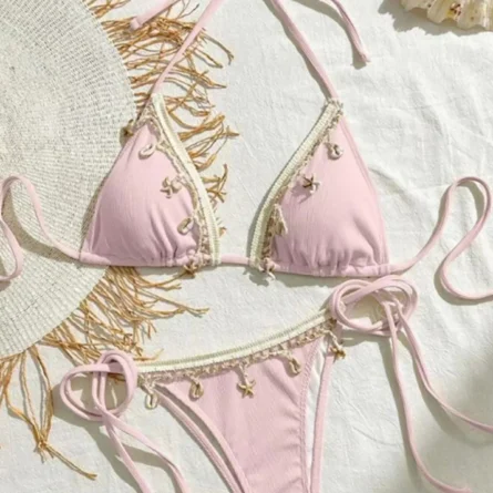 Island Whispers Shell Embellished Bikini Set with Crochet Trim