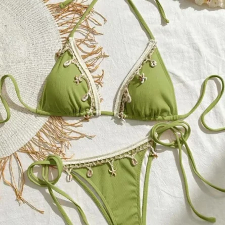Island Whispers Shell Embellished Bikini Set with Crochet Trim