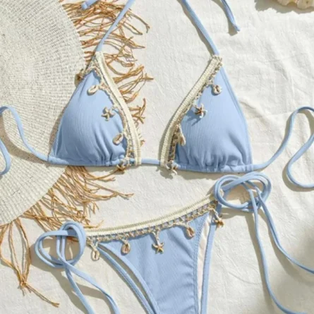 Island Whispers Shell Embellished Bikini Set with Crochet Trim
