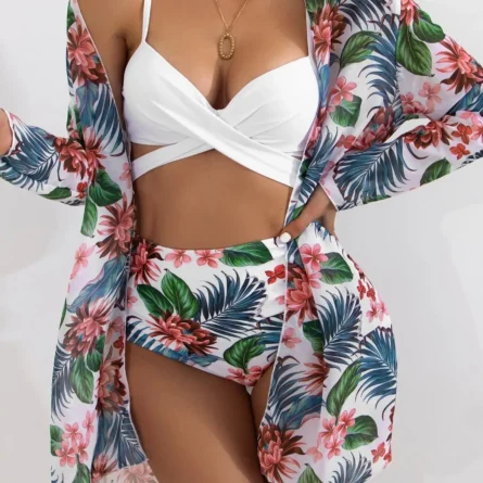 Modest 3 PCS White Floral Swimsuit Push up High Waist Swimwear Cover Up Set
