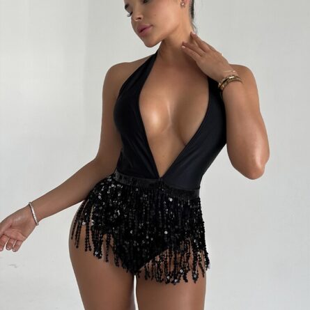 Deluxe Front Glitter Rhinestone Bling Tassel Plunge Swimsuit – Bild 3