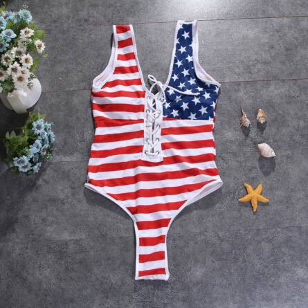 Hot American Flag Thong One Piece Lace Up Swimsuit - Image 3