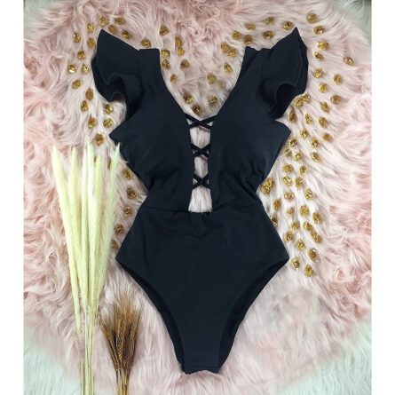 Beautiful Ruffle Deep V Neck One Piece Swimsuit - Image 3