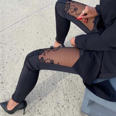 Clarise Sexy Lace-up Sheer Mesh Lace Embroidery Leggings – Bild 5