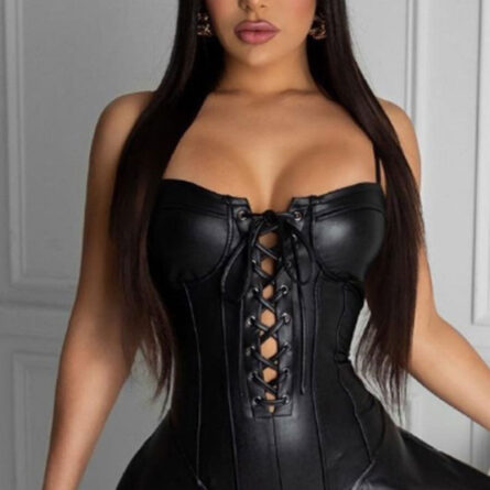 Hot Night Exclusive Strap Lace Up Leather Dress - Image 2