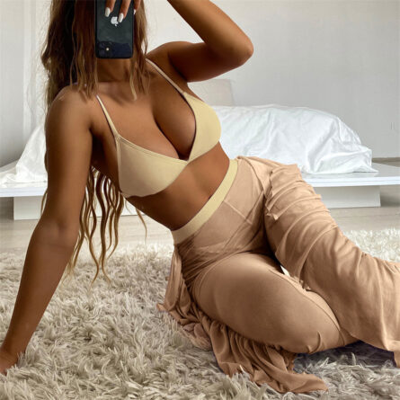 3 Piece Bikini Set with Transparent Mesh Ruffled Beach Cover Up Pants - Image 75