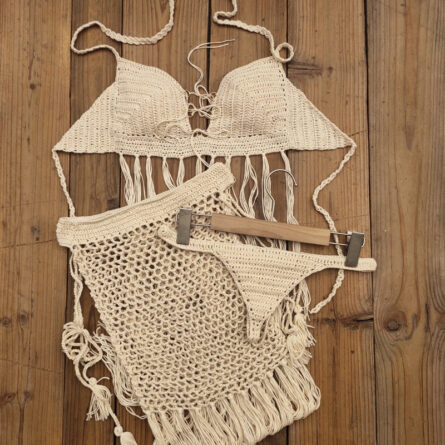 Bohemian Breeze 3-Piece Crochet Bikini Set with Tassel Skirt - Image 12