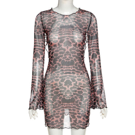 Long Sleeve Mesh Leopard Backless Beach Cover Up Dress – Bild 11