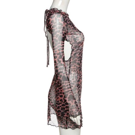 Long Sleeve Mesh Leopard Backless Beach Cover Up Dress – Bild 12