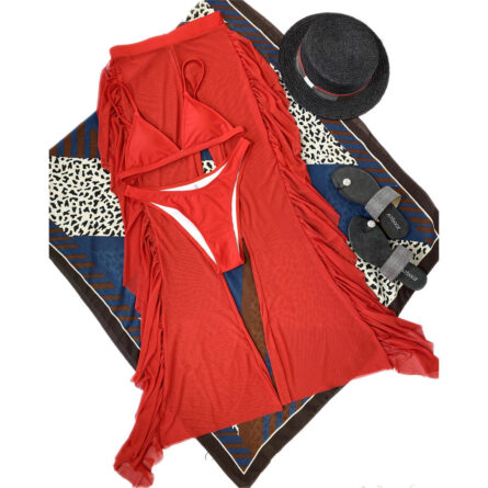 3 Piece Bikini Set with Transparent Mesh Ruffled Beach Cover Up Pants - Image 86