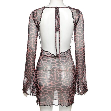 Long Sleeve Mesh Leopard Backless Beach Cover Up Dress – Bild 13