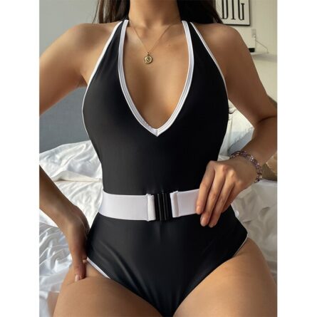 Classy Black Waist Belt Buckle One Piece Swimsuit – Bild 3