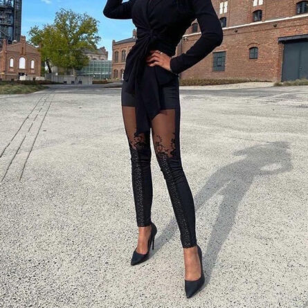 Clarise Sexy Lace-up Sheer Mesh Lace Embroidery Leggings – Bild 3