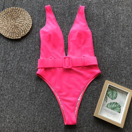 Luminescent Waves Belted Plunge Neon One Piece Swimsuit - Image 27