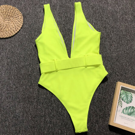 Luminescent Waves Belted Plunge Neon One Piece Swimsuit - Image 13