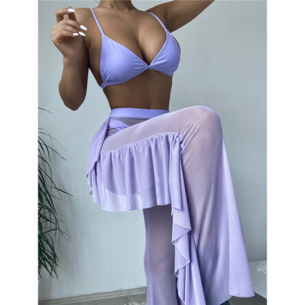 3 Piece Bikini Set with Transparent Mesh Ruffled Beach Cover Up Pants - Image 79