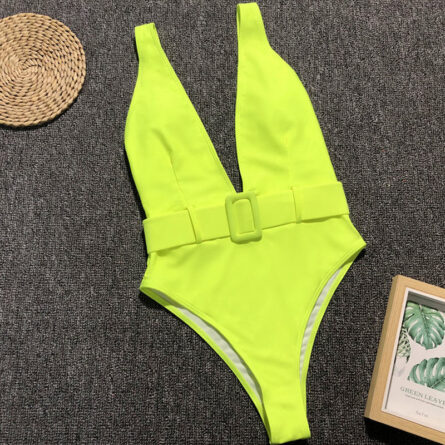Luminescent Waves Belted Plunge Neon One Piece Swimsuit - Image 12