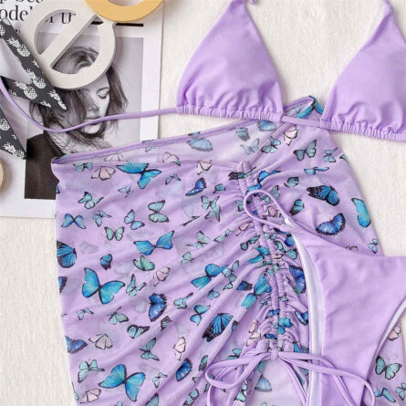 Premium Halter Butterfly Printed Bikini Set With Beach Cover Up Skirt - Image 37