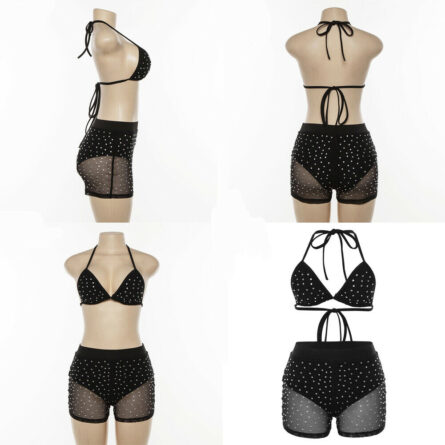 Mesh Rhinestone 2 Piece Set Bikini Top and Shorts – Bild 4
