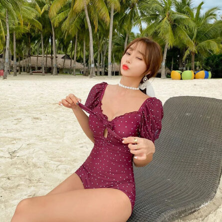Burgundy Puff Sleeve Modest Swimsuit - Image 5