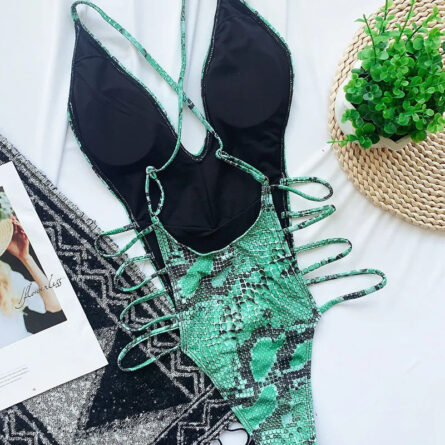 Snake Print V Neck Strappy Swimsuit - Image 33