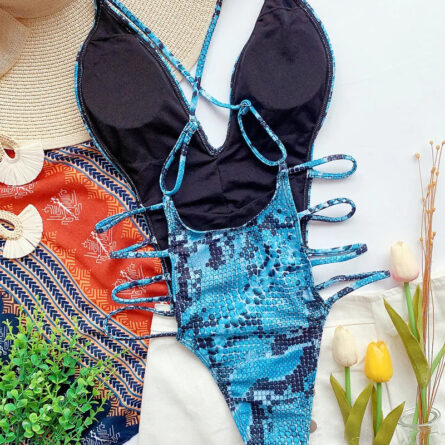 Snake Print V Neck Strappy Swimsuit - Image 37