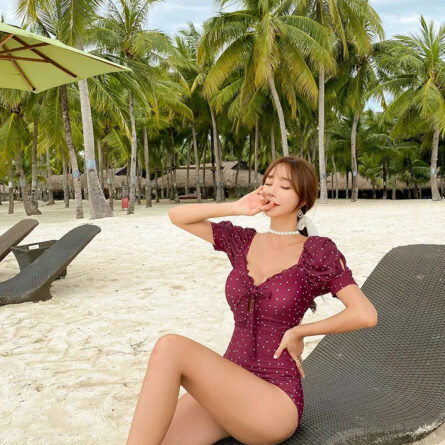 Burgundy Puff Sleeve Modest Swimsuit - Image 16