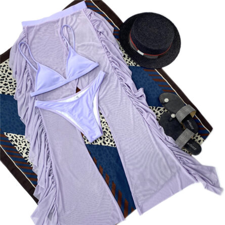 3 Piece Bikini Set with Transparent Mesh Ruffled Beach Cover Up Pants - Image 92