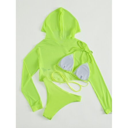 Sexy Neon 3 Piece Bikini set with Cover Up Hoodie Crop Top – Bild 3