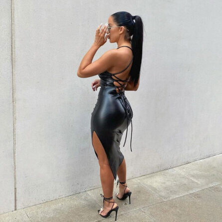 Dominique Back Lace Up Sexy Bodycon Slit Leather Dress – Bild 3