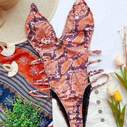 Snake Print V Neck Strappy Swimsuit - Image 40