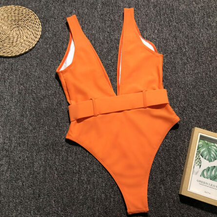 Luminescent Waves Belted Plunge Neon One Piece Swimsuit - Image 31