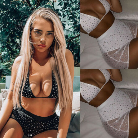 Mesh Rhinestone 2 Piece Set Bikini Top and Shorts – Bild 9