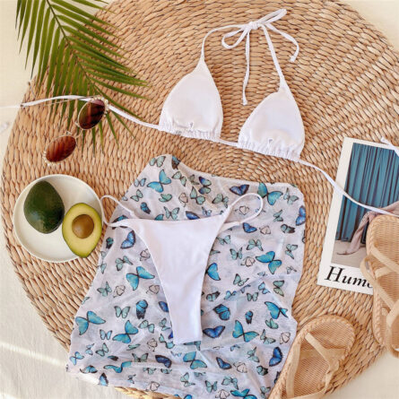 Premium Halter Butterfly Printed Bikini Set With Beach Cover Up Skirt - Image 40