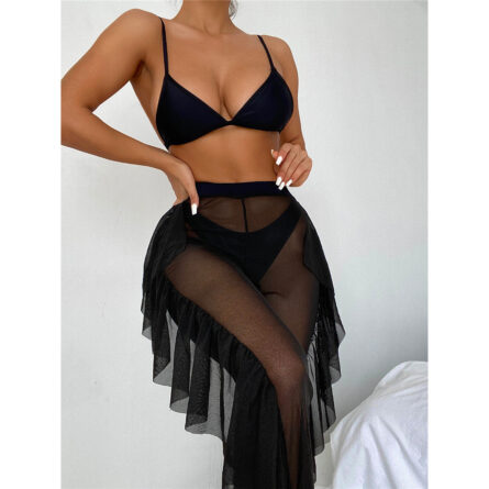 3 Piece Bikini Set with Transparent Mesh Ruffled Beach Cover Up Pants - Image 65