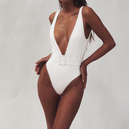 Luminescent Waves Belted Plunge Neon One Piece Swimsuit - Image 18