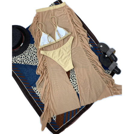 3 Piece Bikini Set with Transparent Mesh Ruffled Beach Cover Up Pants - Image 89