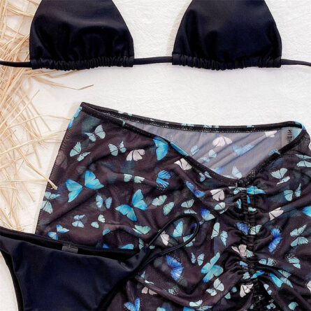 Premium Halter Butterfly Printed Bikini Set With Beach Cover Up Skirt - Image 44
