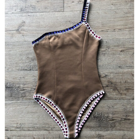 New Arrival Brown Color One Piece Neoprene One Shoulder Swimsuit - Image 13