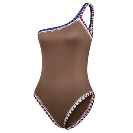 New Arrival Brown Color One Piece Neoprene One Shoulder Swimsuit - Image 9