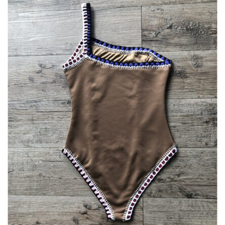 New Arrival Brown Color One Piece Neoprene One Shoulder Swimsuit - Image 14