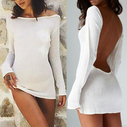Alexandra Sexy White Beach Cover Up Dress Mesh Backless Mini Dress - Image 4