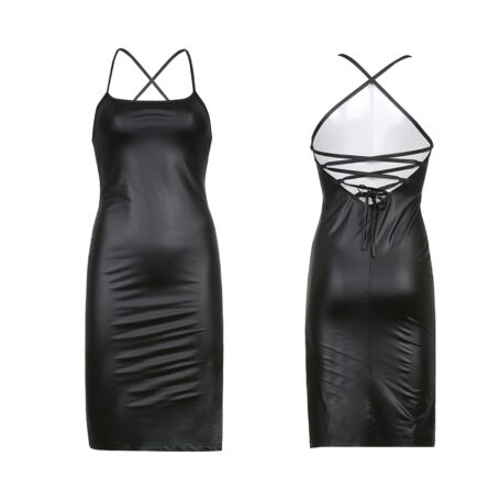 Dominique Back Lace Up Sexy Bodycon Slit Leather Dress – Bild 4