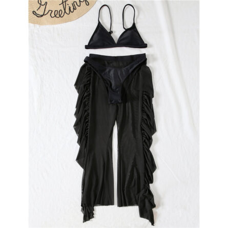 3 Piece Bikini Set with Transparent Mesh Ruffled Beach Cover Up Pants - Image 82